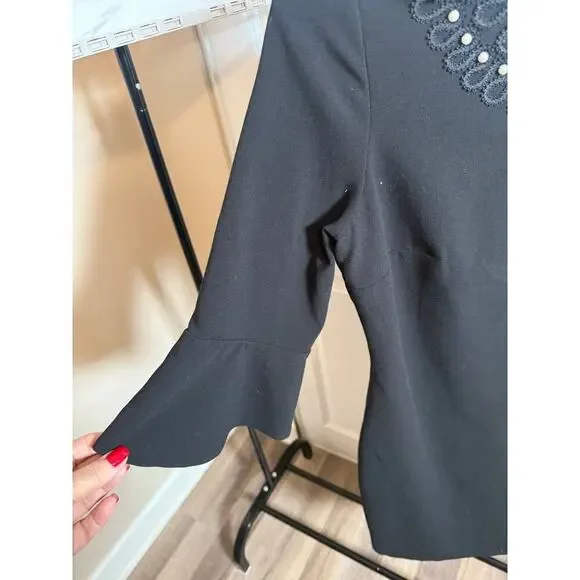 Karl Lagerfeld Paris Black Pearl Embellished Dress Bell Sleeve Women’s Size 14 - Picture 9 of 15